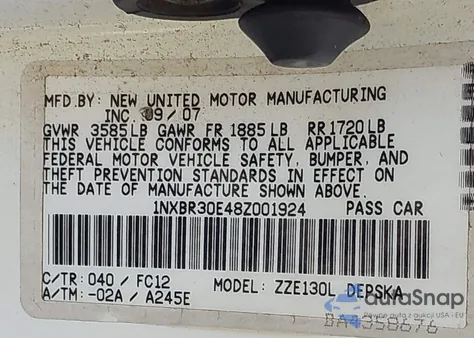 2008 Toyota Corolla S from USA, damaged, VIN 1NXBR30E48Z001924